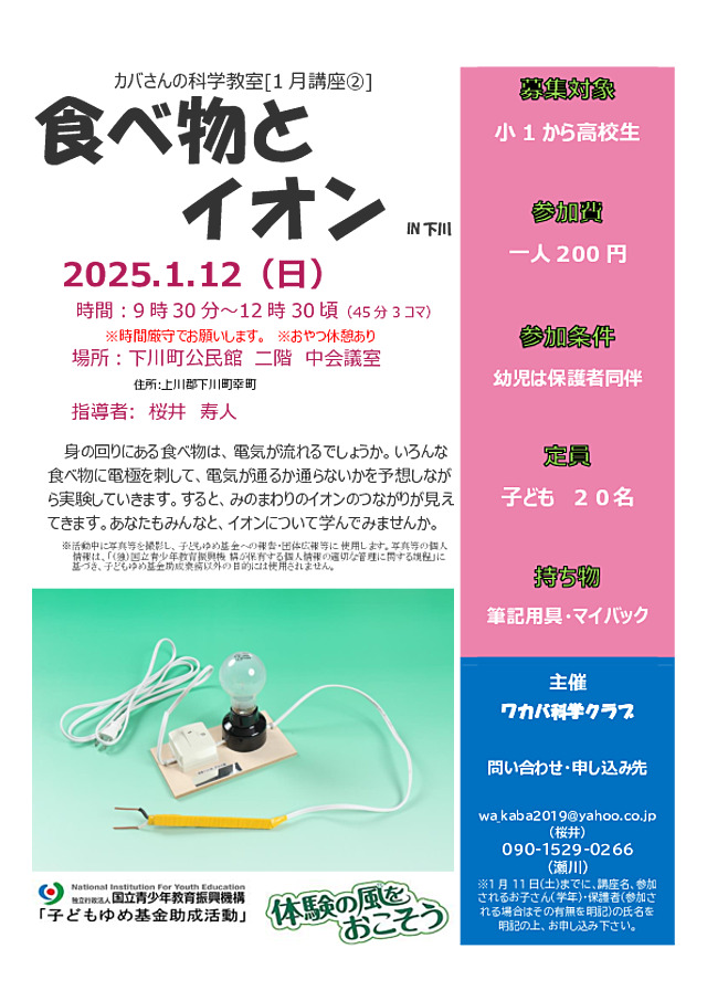 食べ物や飲み物に電気が通るかどうかを予想し、実験していく中で、私たちとイオンのつながりを学びます。